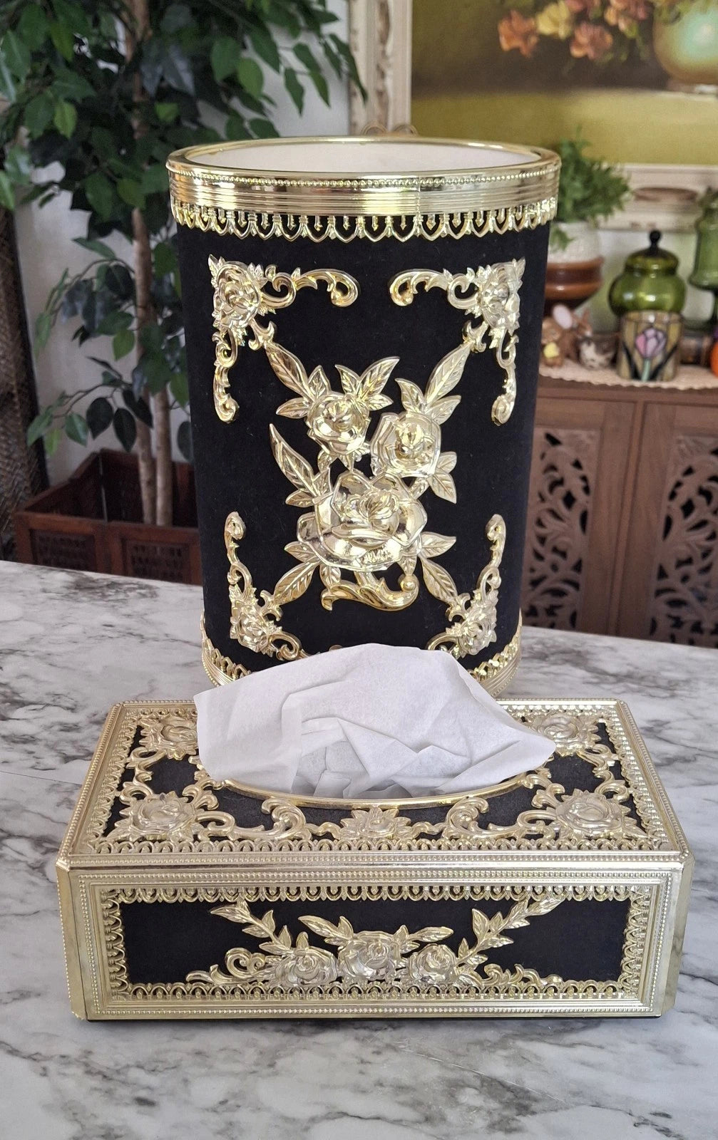 Hollywood Regency vtg plastic trashcan and tissue box set black and gold roses | eBay