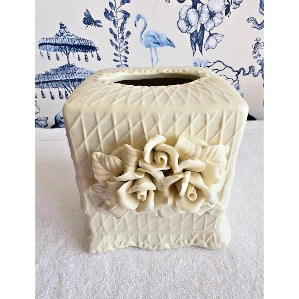 Ceramic Victorian Rose Tissue Box Cover Off-White Elegant 3-D Ivory Flowers 4x5 | eBay