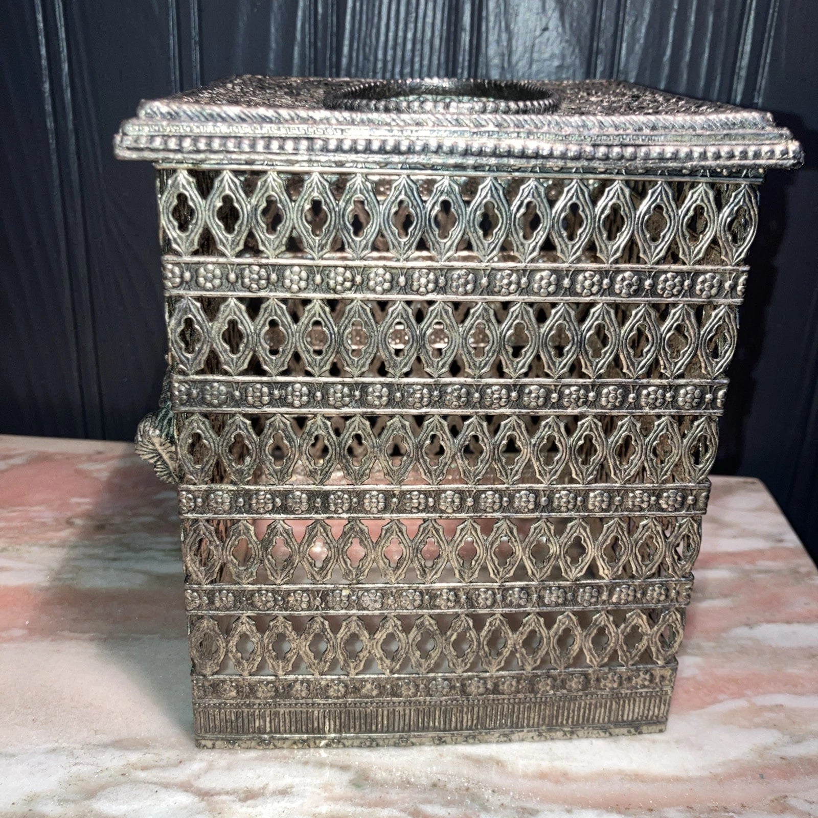 Metal Filigree Tissue Box Holder Hollywood Regency Bronze Silver Vintage | eBay