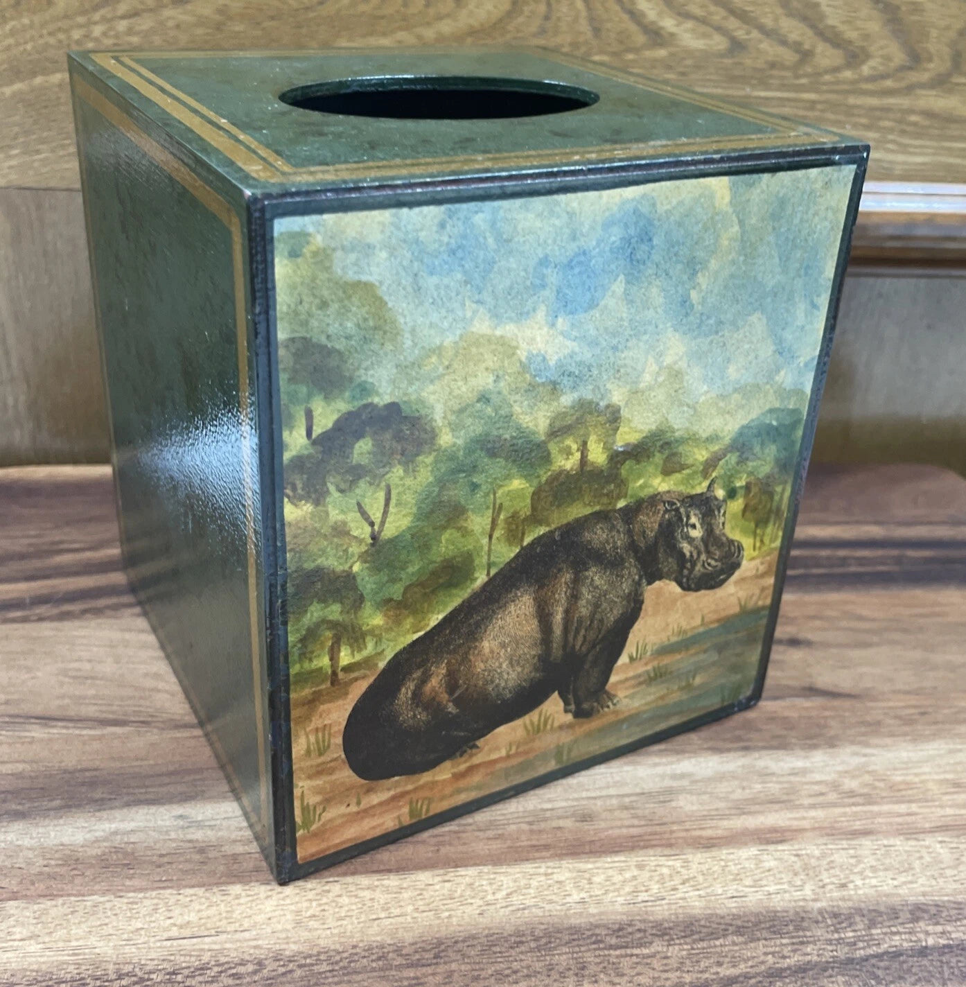 Hippo African Safari Antique Painted Print Animal Wood Green Tissue Box Cover | eBay