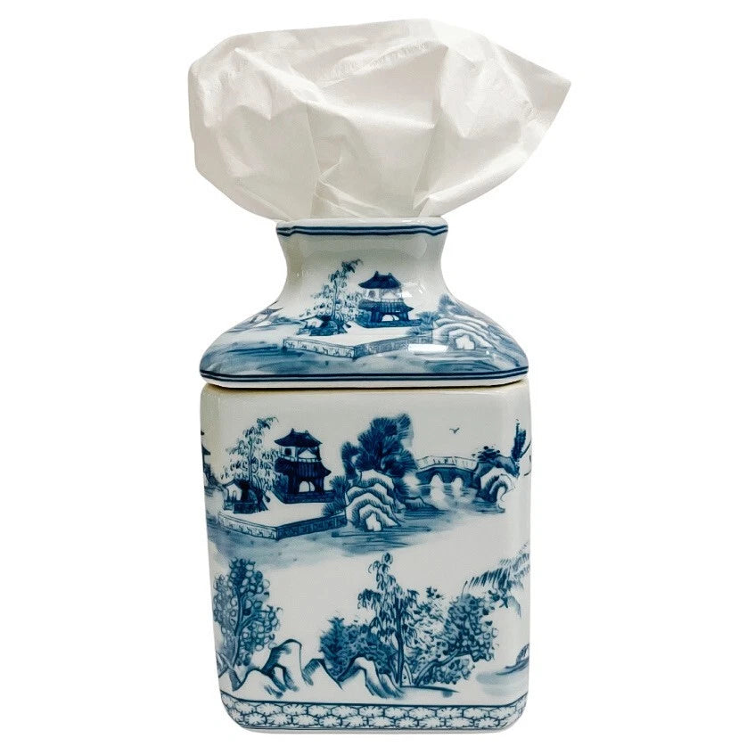 Blue & White Chinoiserie Ceramic Tissue Box Cover Chinoiserie Decor 8" | eBay