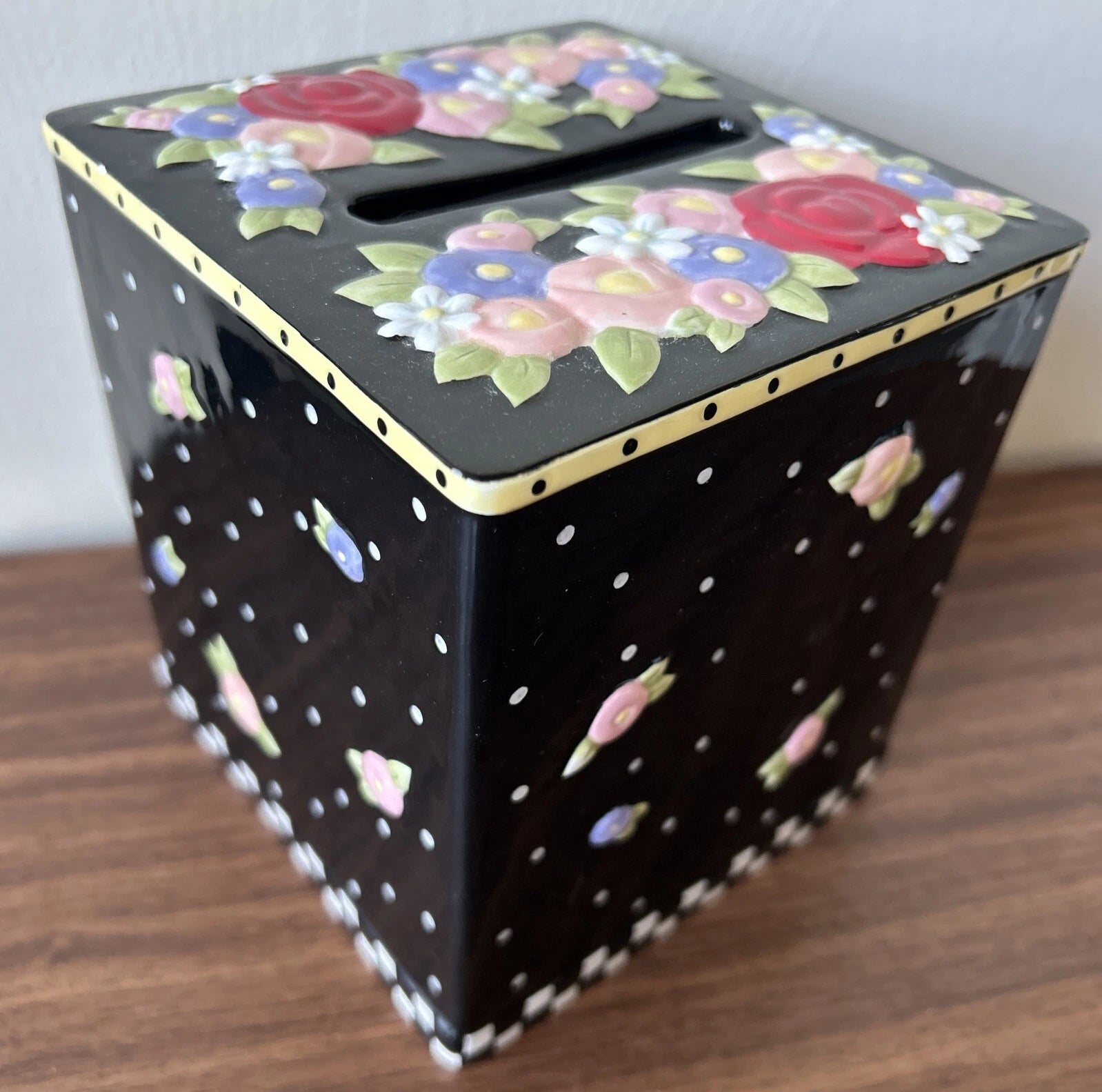 Mary Engelbreit Tissue Box Cover (2000) Porcelain Black with flowers & polka dot | eBay