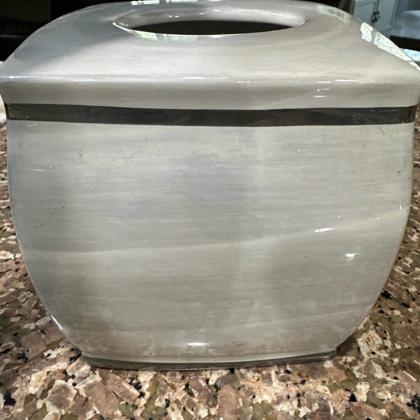 Nicole Miller Ceramic Tissue Box Cover Cream White Gray And Silver Trim EUC | eBay