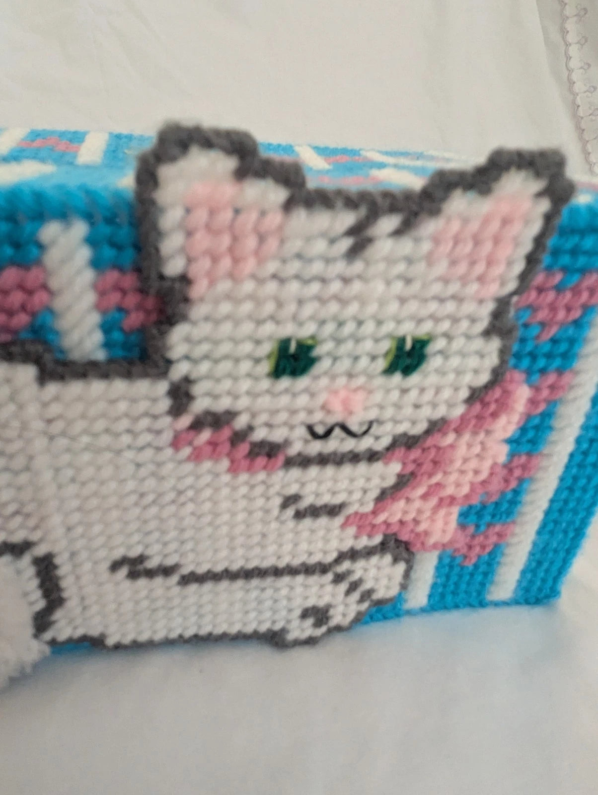 Cottagecore Plastic Canvas Tissue Box Cover Vintage Cat- Pink and Blue, 1980s | eBay