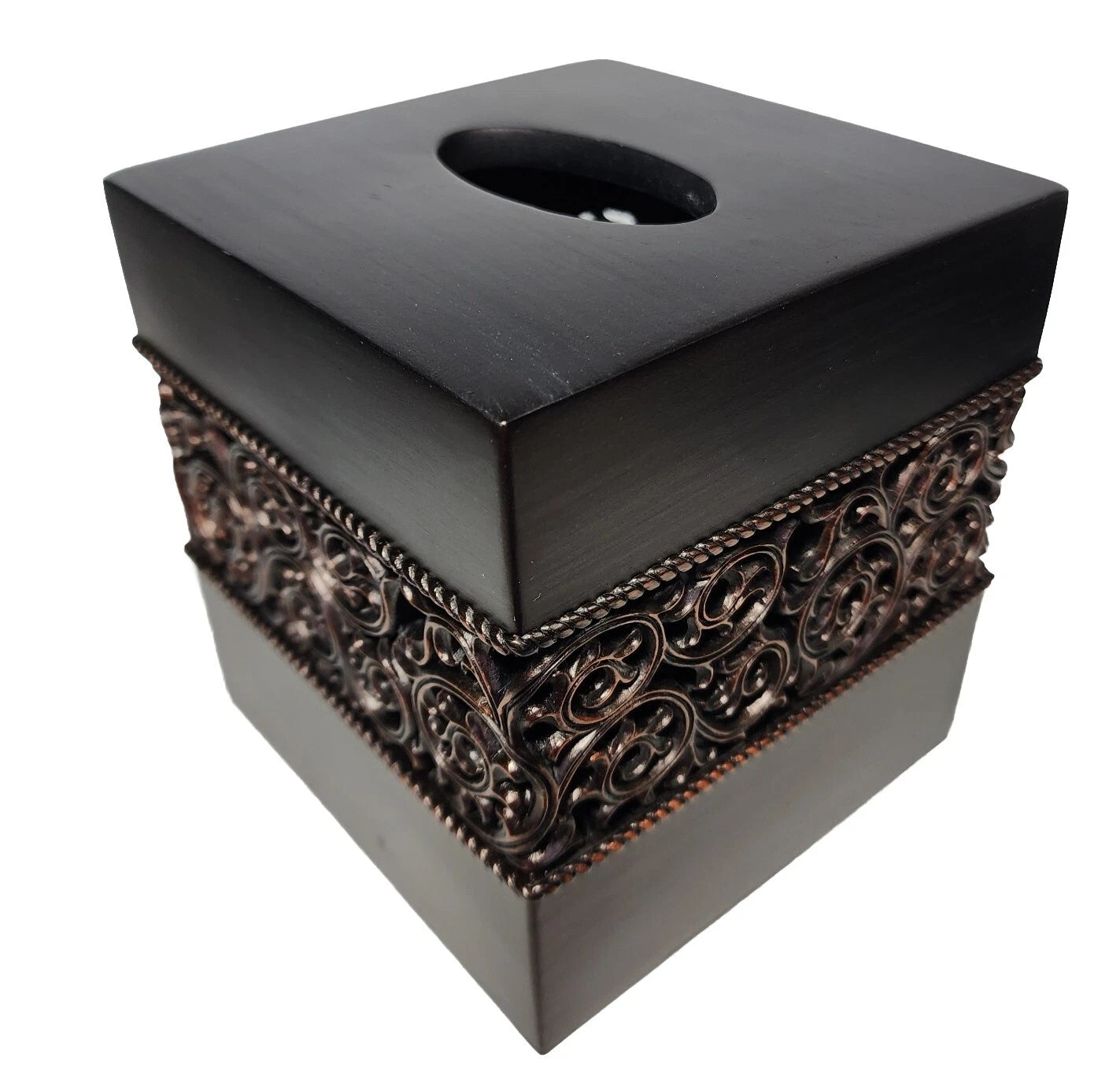 Brushed Bronze Brown Copper Tissue Box Cover Scrolled Design Heavy Resin Bath | eBay