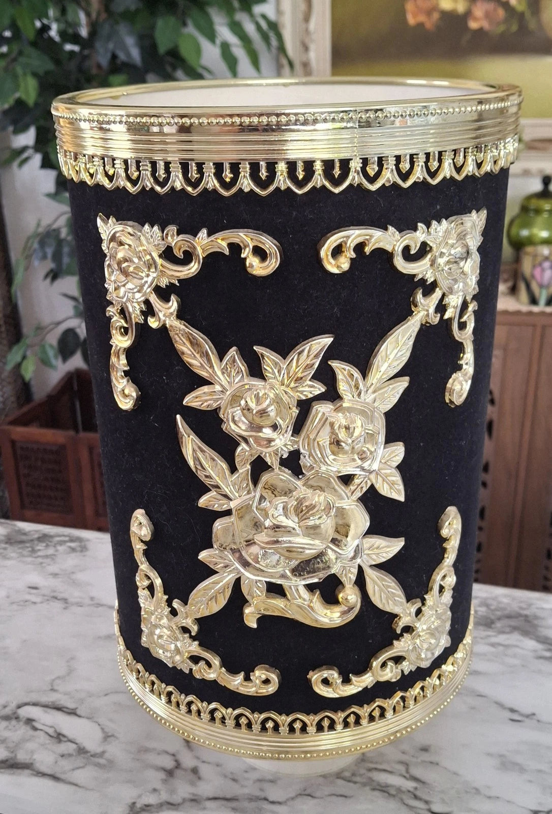 Hollywood Regency vtg plastic trashcan and tissue box set black and gold roses | eBay