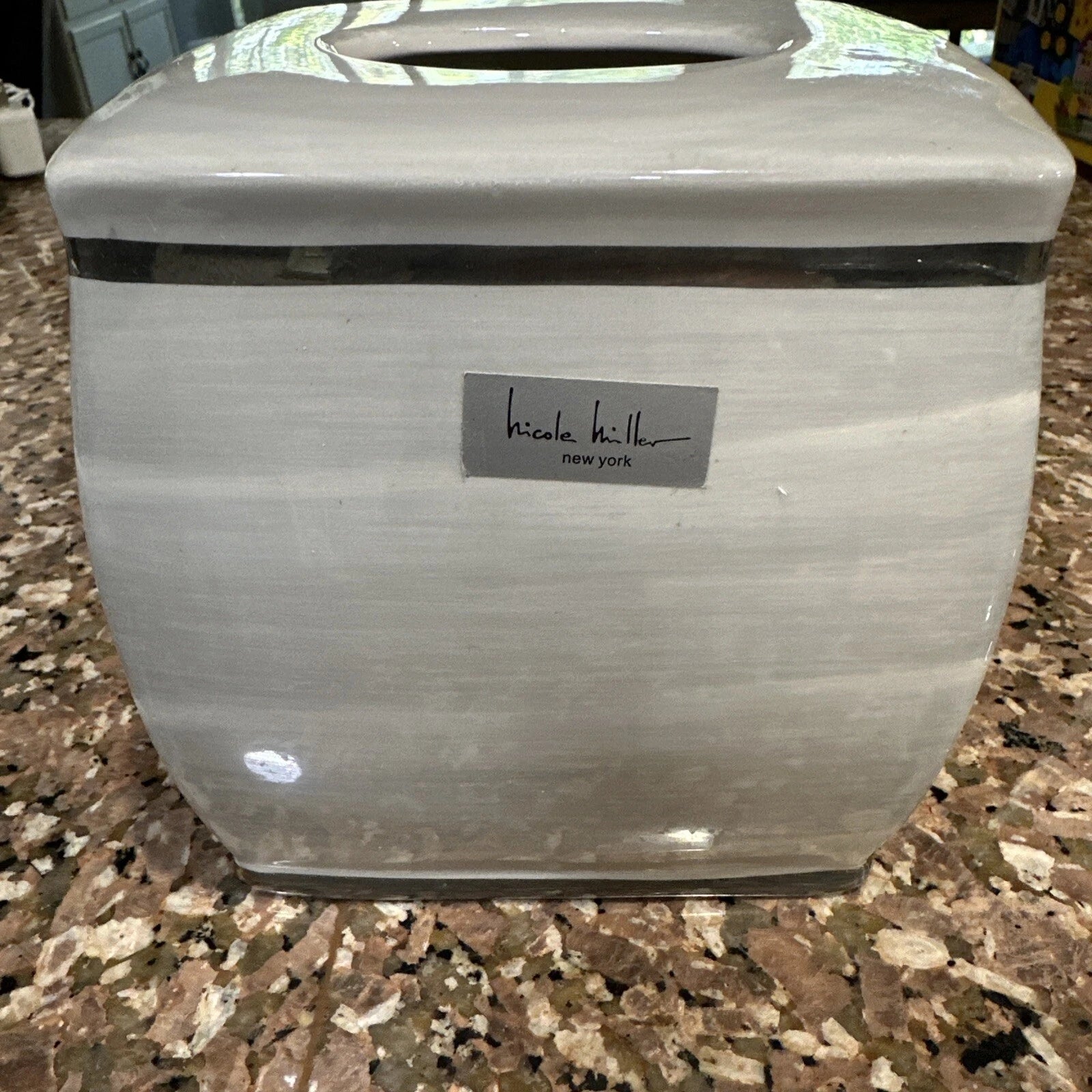Nicole Miller Ceramic Tissue Box Cover Cream White Gray And Silver Trim EUC | eBay