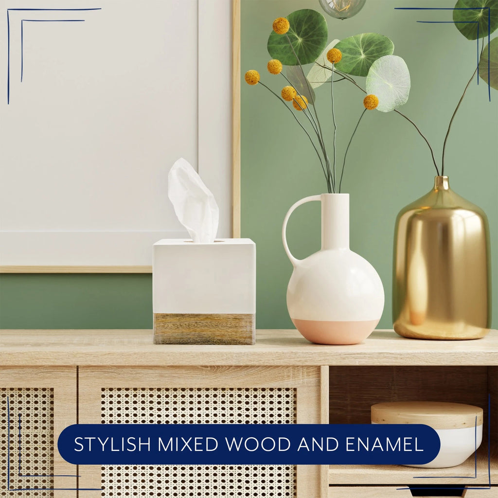 White/Mango Wood Square Tissue Box Cover; Enamel Minimalist Scandinavian Cube | eBay