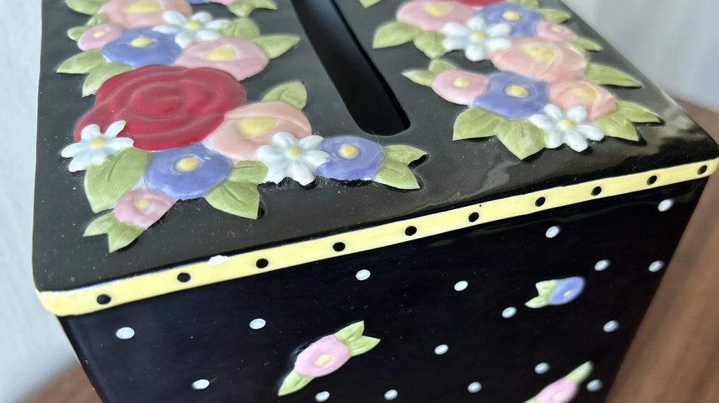 Mary Engelbreit Tissue Box Cover (2000) Porcelain Black with flowers & polka dot | eBay
