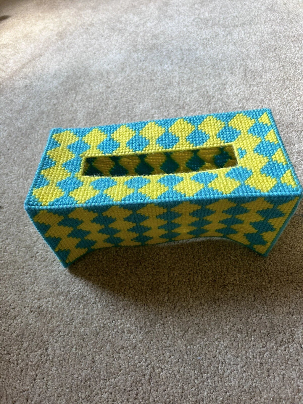 Vintage Tissue Box Holder Handmade Needlepoint Blue and Yellow Rectangular | eBay