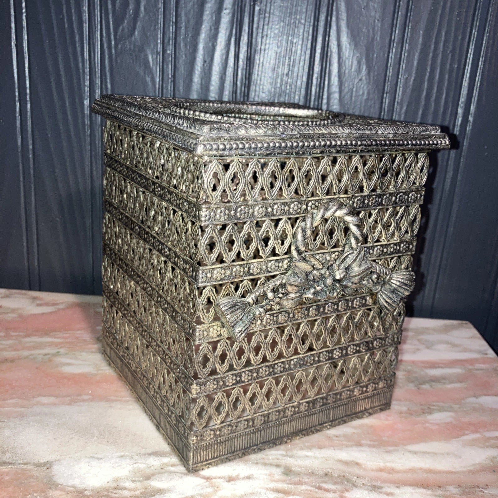 Metal Filigree Tissue Box Holder Hollywood Regency Bronze Silver Vintage | eBay