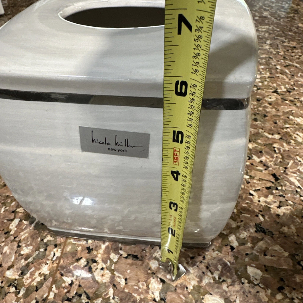 Nicole Miller Ceramic Tissue Box Cover Cream White Gray And Silver Trim EUC | eBay