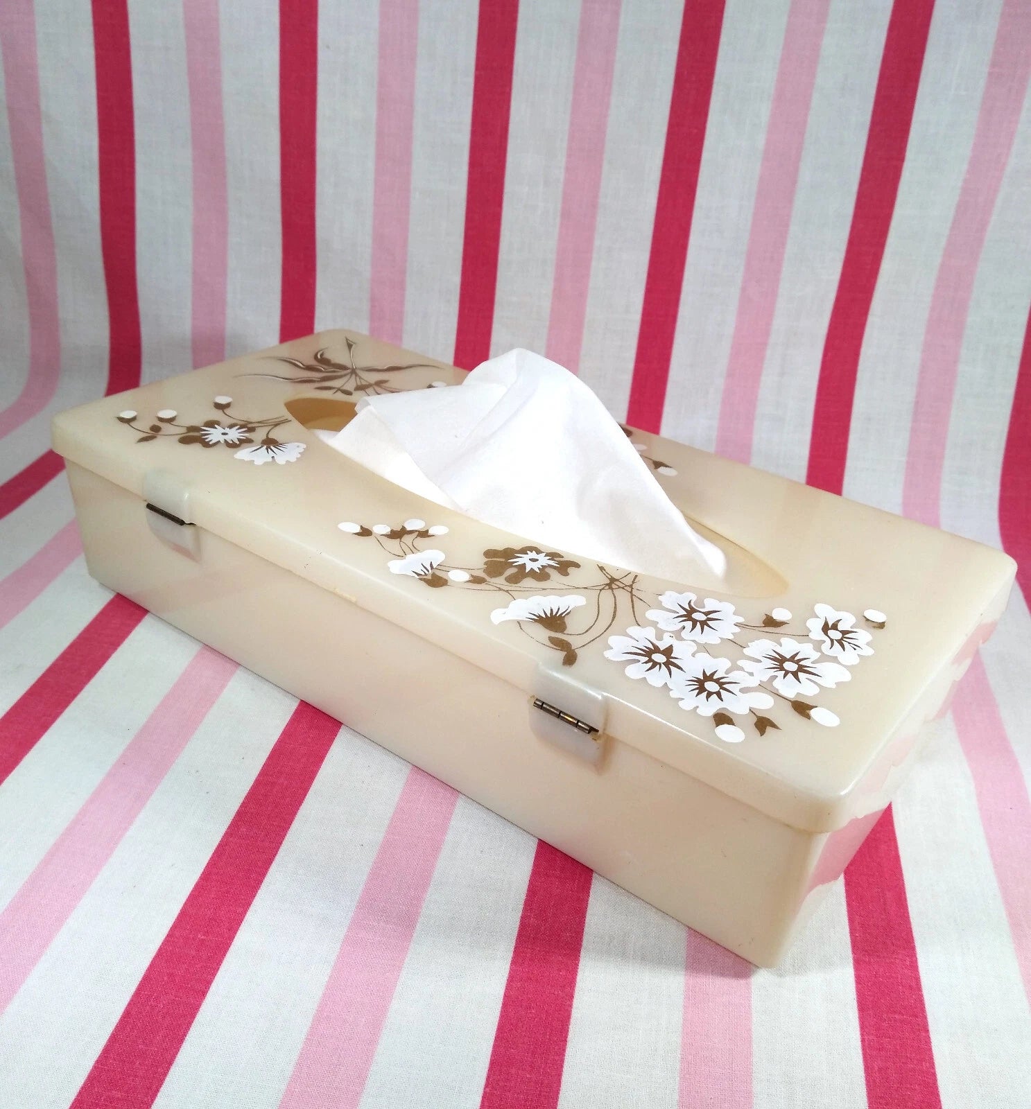 Stylish Mid Century Gold & White Florals Decorative Plastic Hinged Tissue Holder | eBay