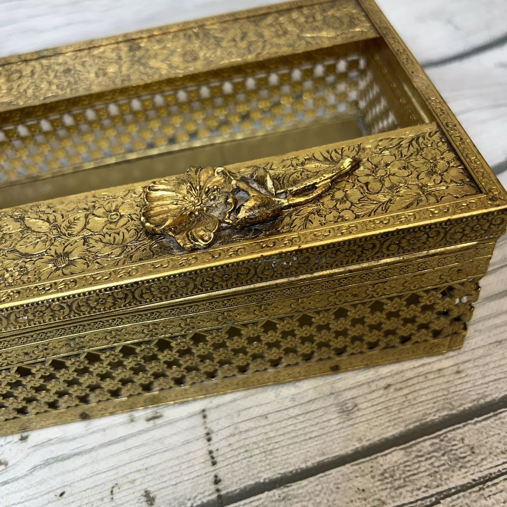 Vintage Gold Metal Filigree Flower Hollywood Regency Art Deco Tissue Box Holder | eBay