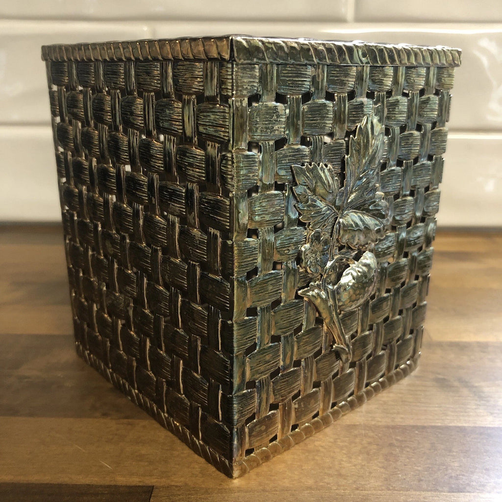 Vintage Gold Tone Square Tissue Box Cover Basket Weave Pattern Strawberry Design | eBay