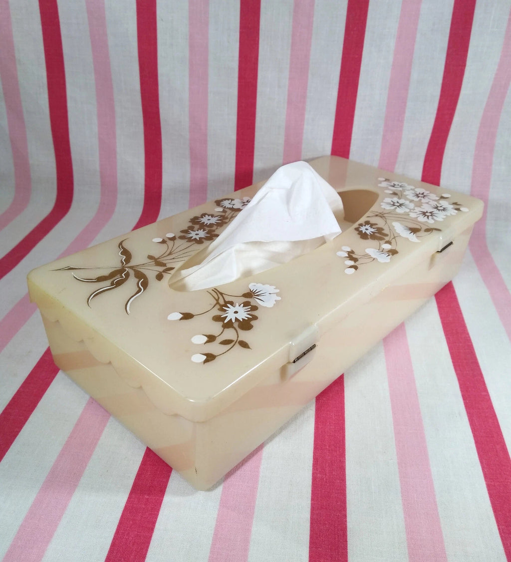 Stylish Mid Century Gold & White Florals Decorative Plastic Hinged Tissue Holder | eBay