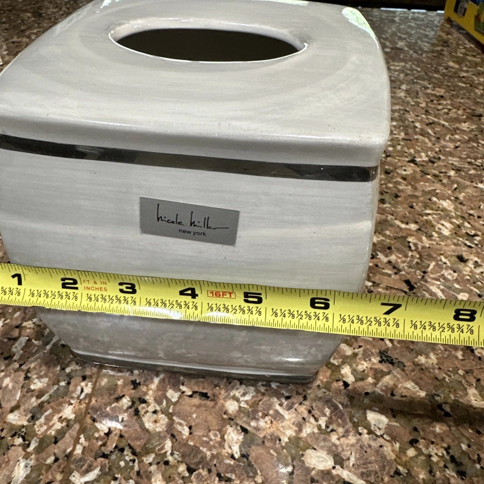 Nicole Miller Ceramic Tissue Box Cover Cream White Gray And Silver Trim EUC | eBay