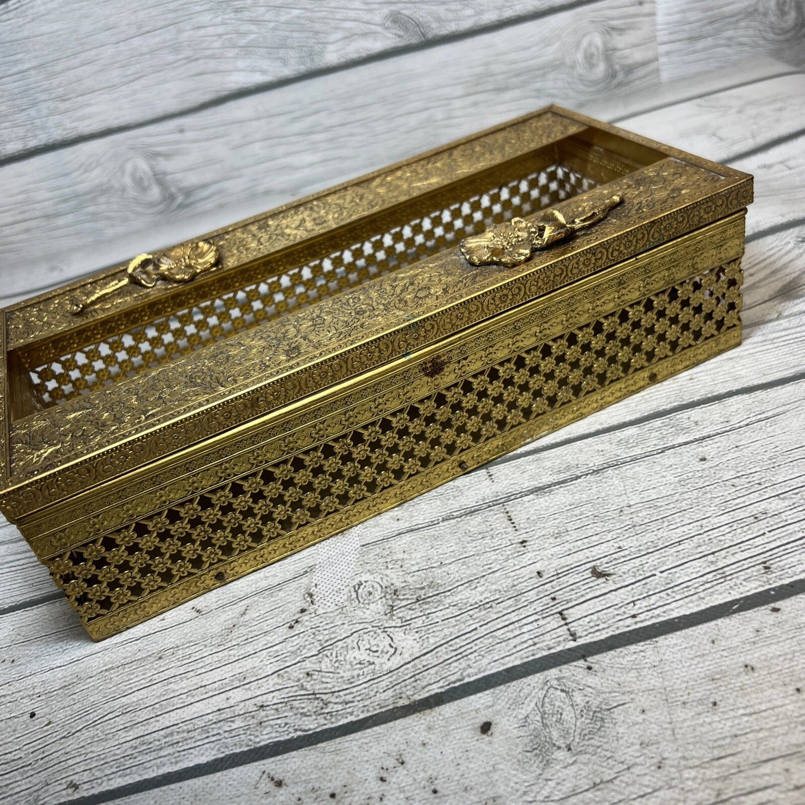 Vintage Gold Metal Filigree Flower Hollywood Regency Art Deco Tissue Box Holder | eBay