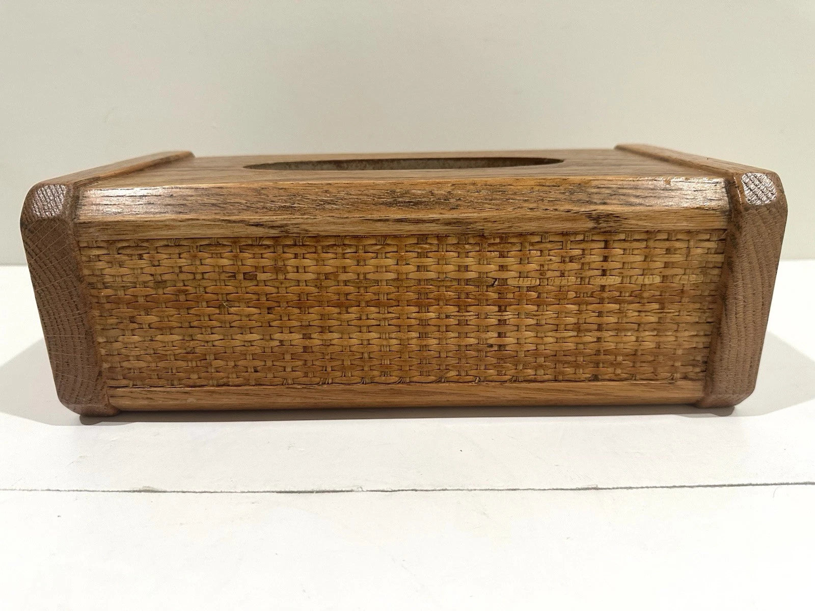 Vintage JC Penny Oak Wood Tissue Box Holder Dispenser Cover Rattan Look 80s Nice | eBay