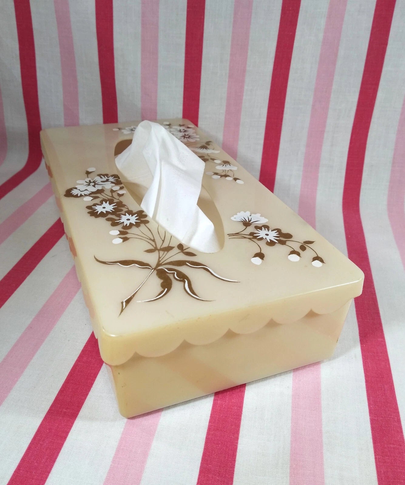 Stylish Mid Century Gold & White Florals Decorative Plastic Hinged Tissue Holder | eBay