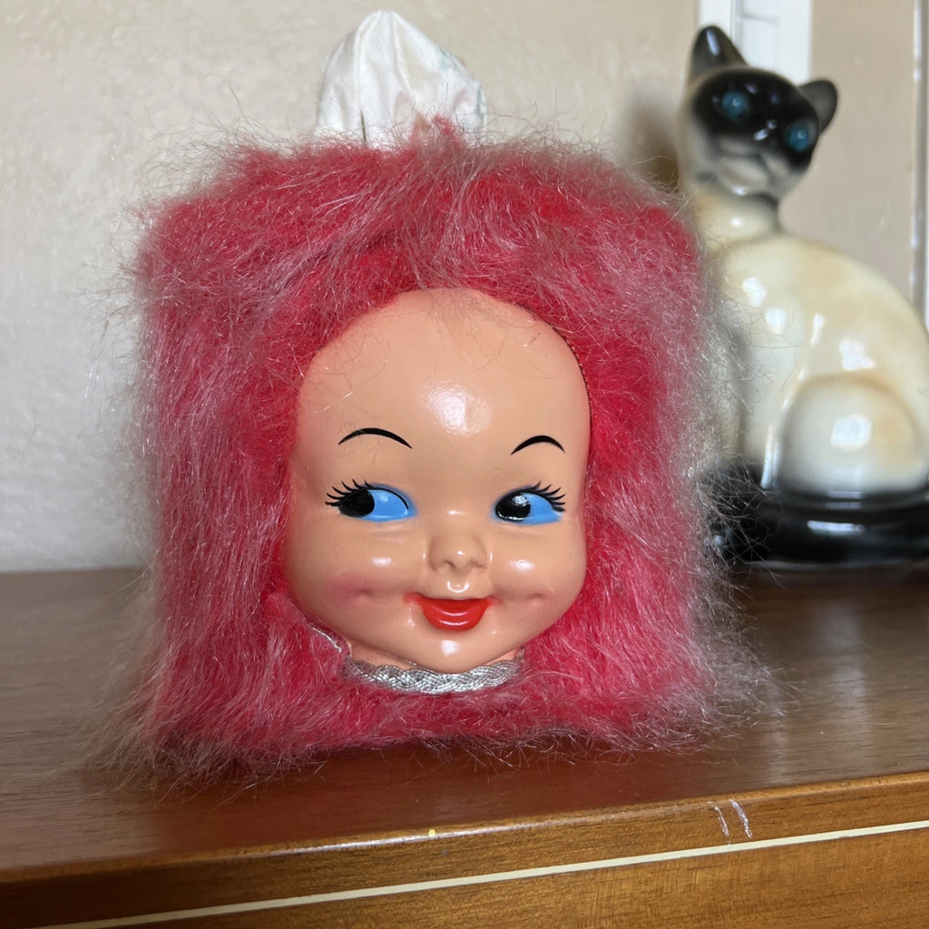Vintage 1970s Dimple Doll Tissue Box Cover Holder Red White Hair Grandma Boho | eBay