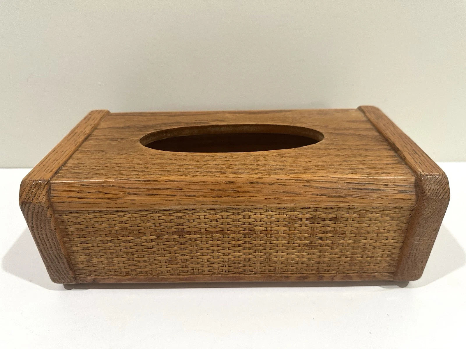 Vintage JC Penny Oak Wood Tissue Box Holder Dispenser Cover Rattan Look 80s Nice | eBay