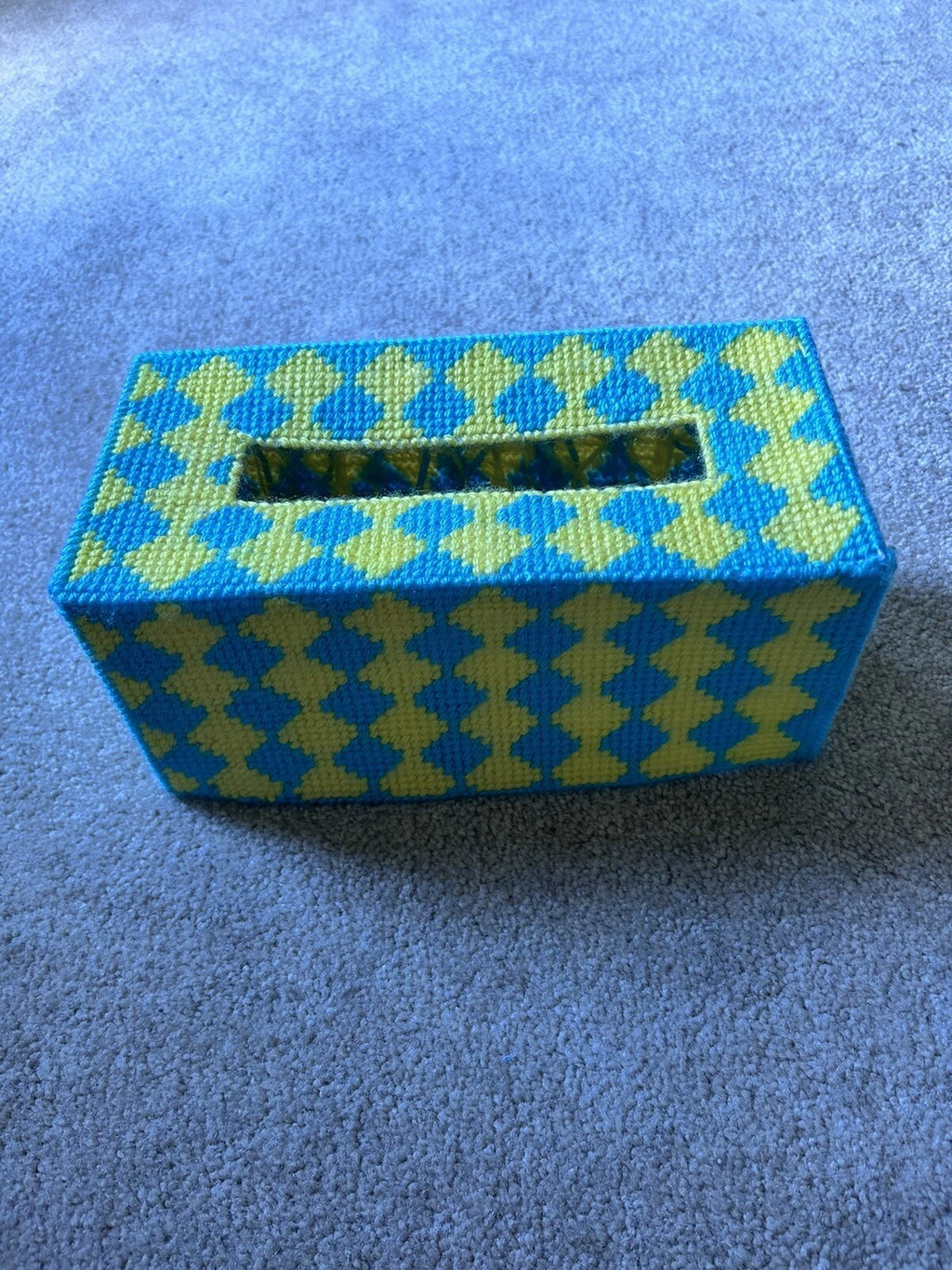 Vintage Tissue Box Holder Handmade Needlepoint Blue and Yellow Rectangular | eBay