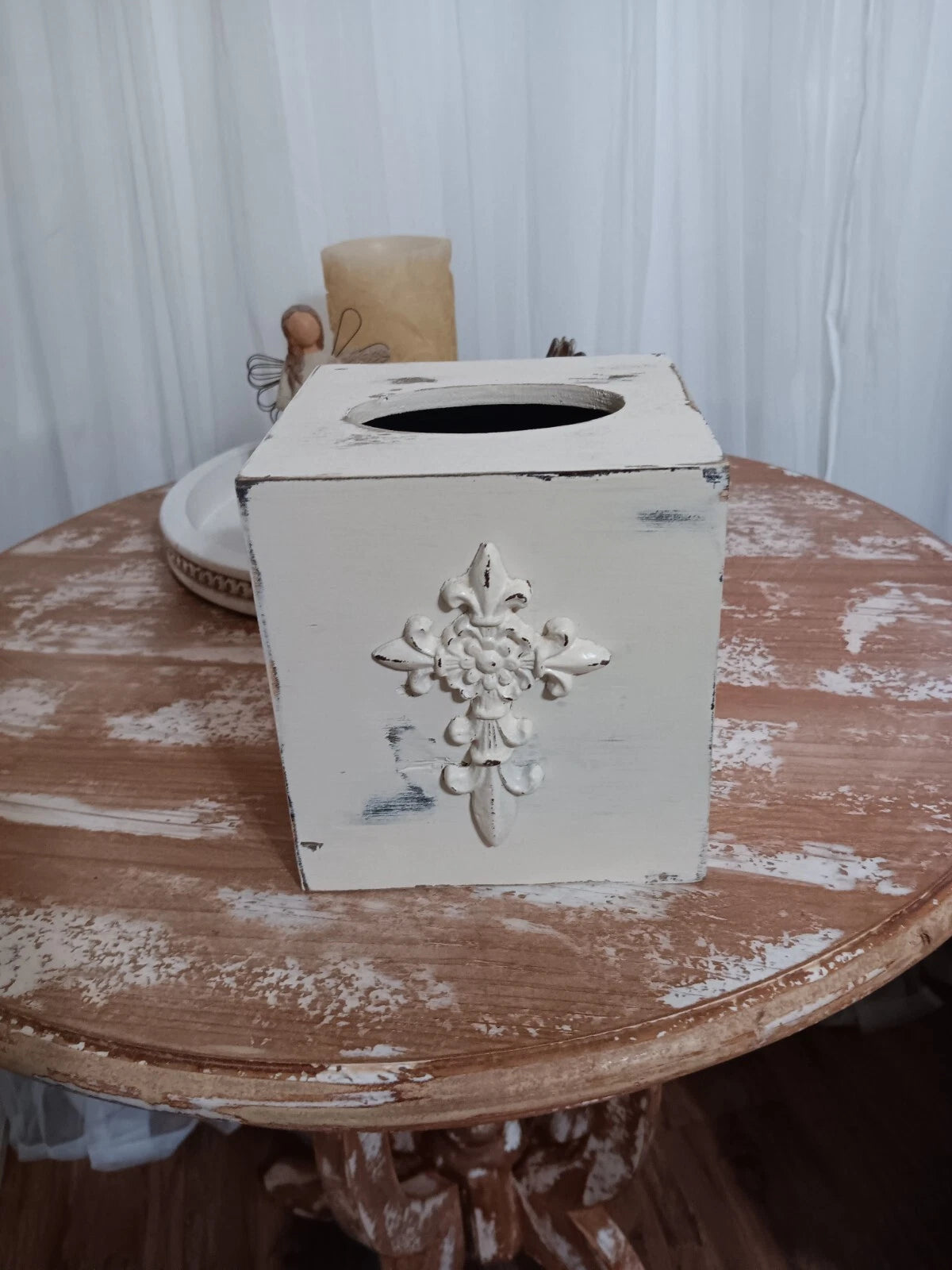 Wooden Tissue Box White Fleur De Leis Cottagecore Shabby Chic | eBay
