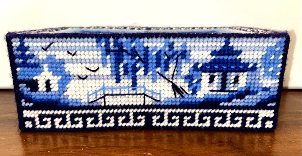 Vtg Tissue Box Cover Needlepoint Handmade Plastic Canvas Rectangle Blue Willow | eBay