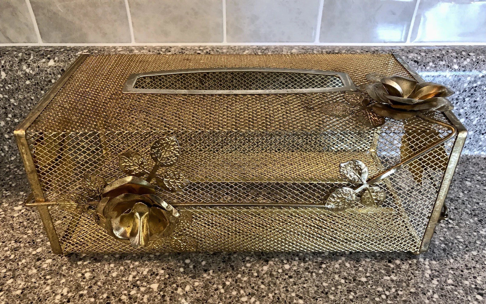 VTG Tissue Box Cover Ornate Hollywood Regency Style Gold Metal Mesh & Roses | eBay