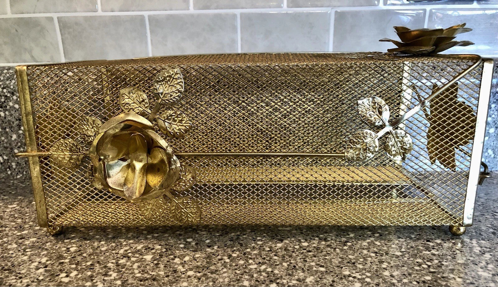 VTG Tissue Box Cover Ornate Hollywood Regency Style Gold Metal Mesh & Roses | eBay