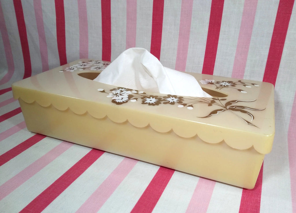 Stylish Mid Century Gold & White Florals Decorative Plastic Hinged Tissue Holder | eBay