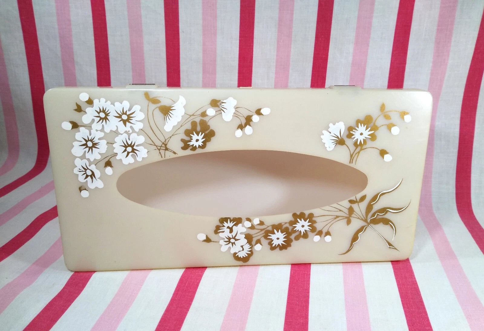 Stylish Mid Century Gold & White Florals Decorative Plastic Hinged Tissue Holder | eBay