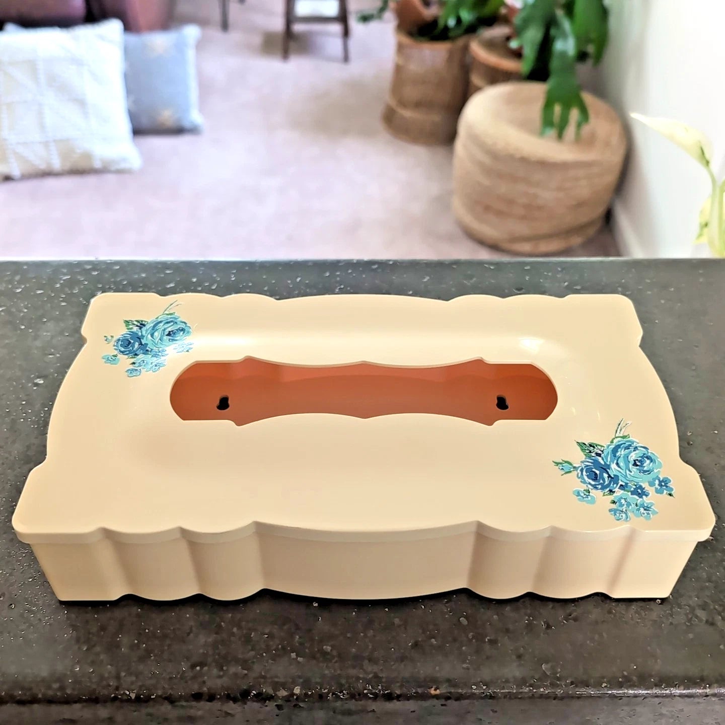 Vintage Cream Blue Roses Plastic Tissue Kleenex Box Holder Scallop MCM Cottage | eBay