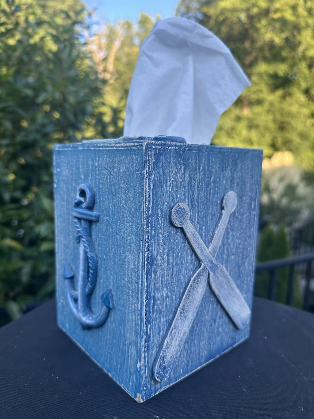 Vintage Blue Wooden Nautical Tissue Cover Box Holder Beach Anchor Oars | eBay