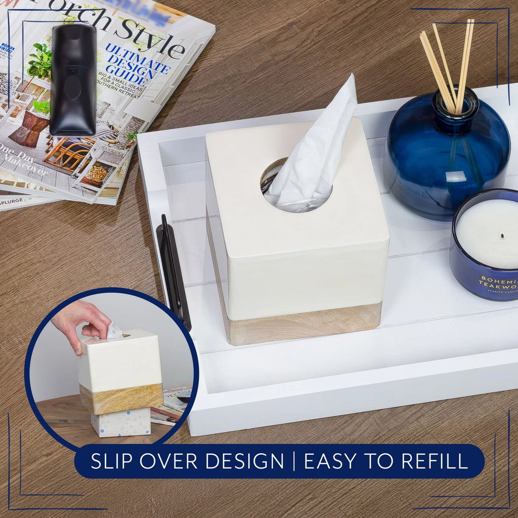 White/Mango Wood Square Tissue Box Cover; Enamel Minimalist Scandinavian Cube | eBay