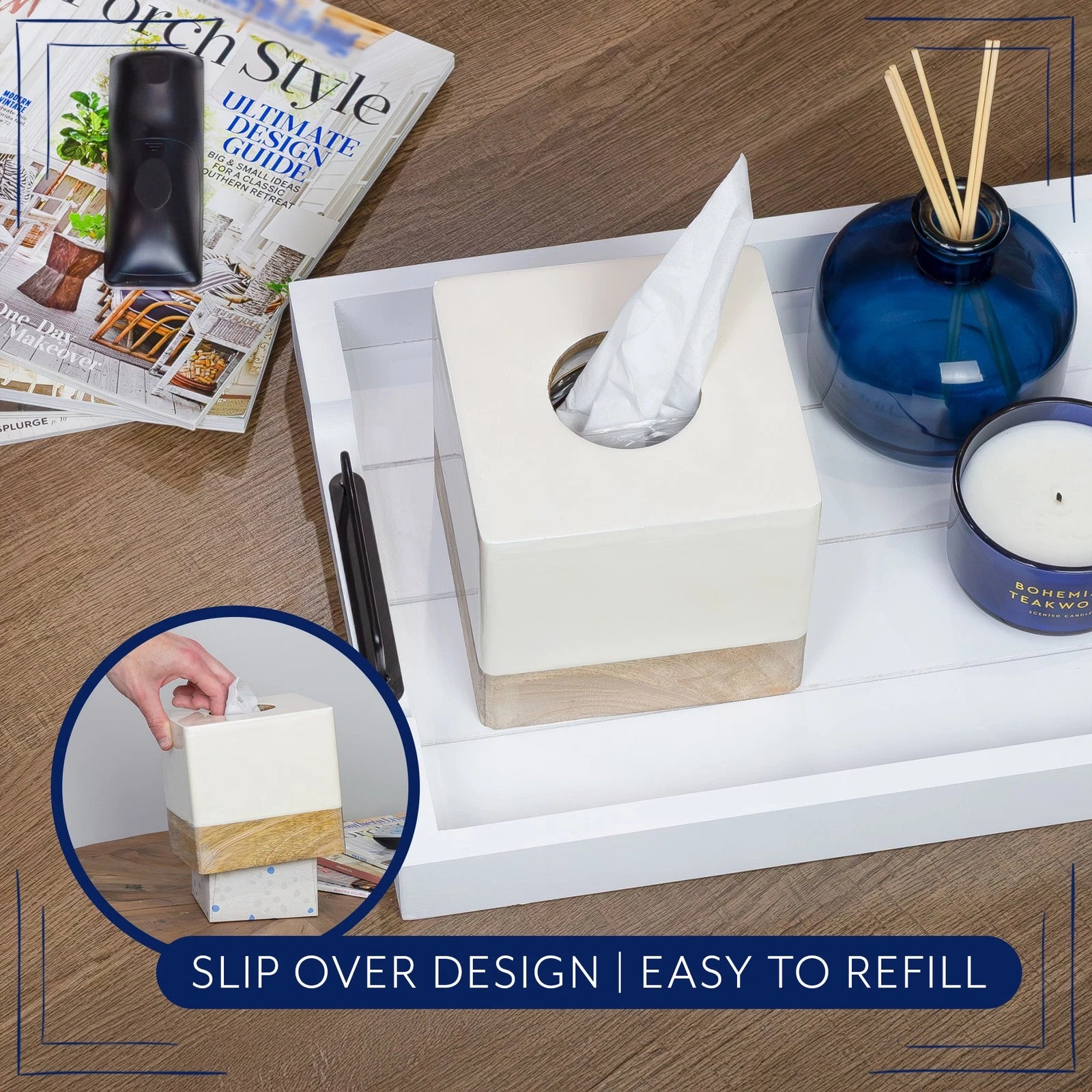White/Mango Wood Square Tissue Box Cover; Enamel Minimalist Scandinavian Cube | eBay