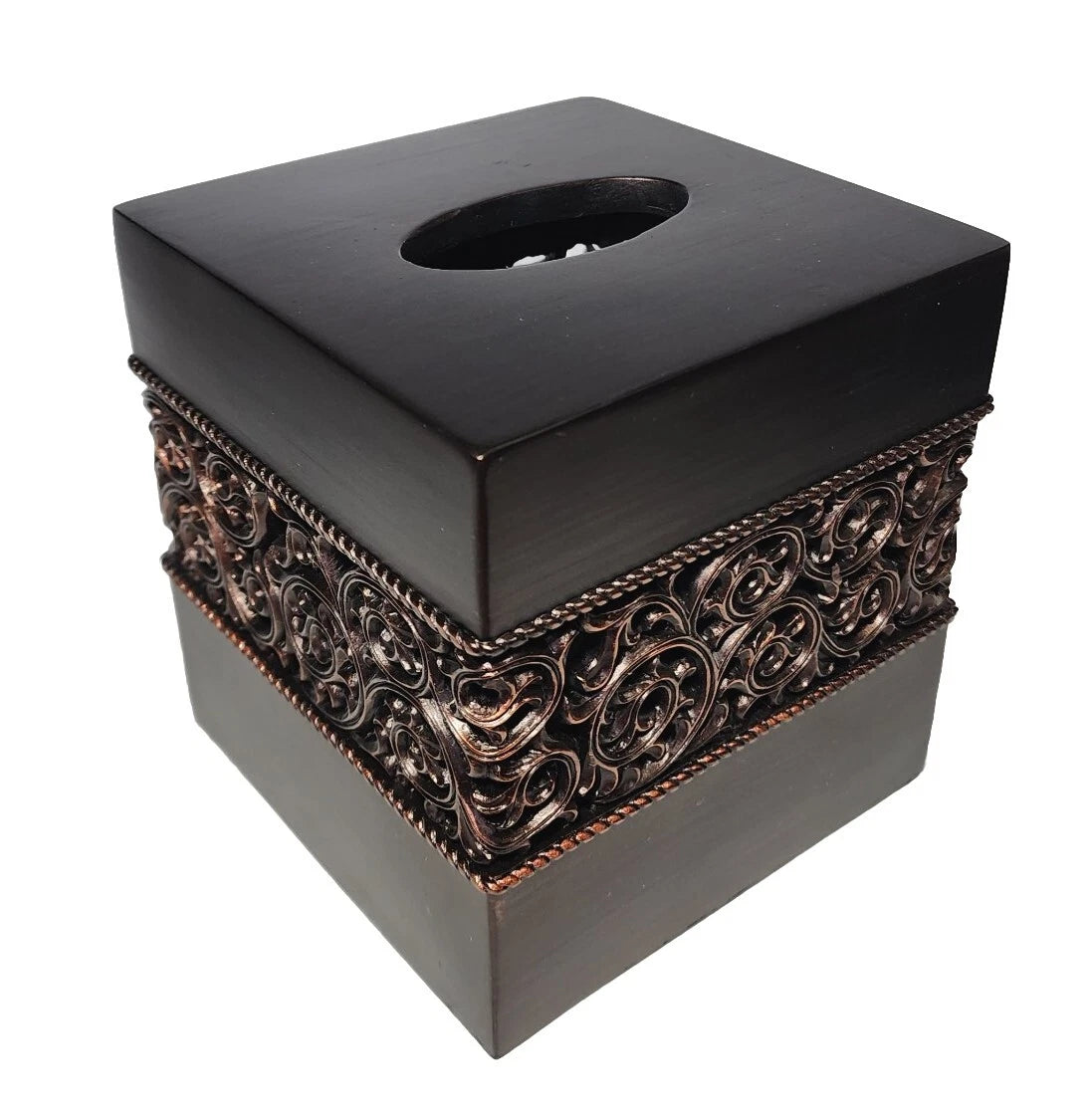 Brushed Bronze Brown Copper Tissue Box Cover Scrolled Design Heavy Resin Bath | eBay