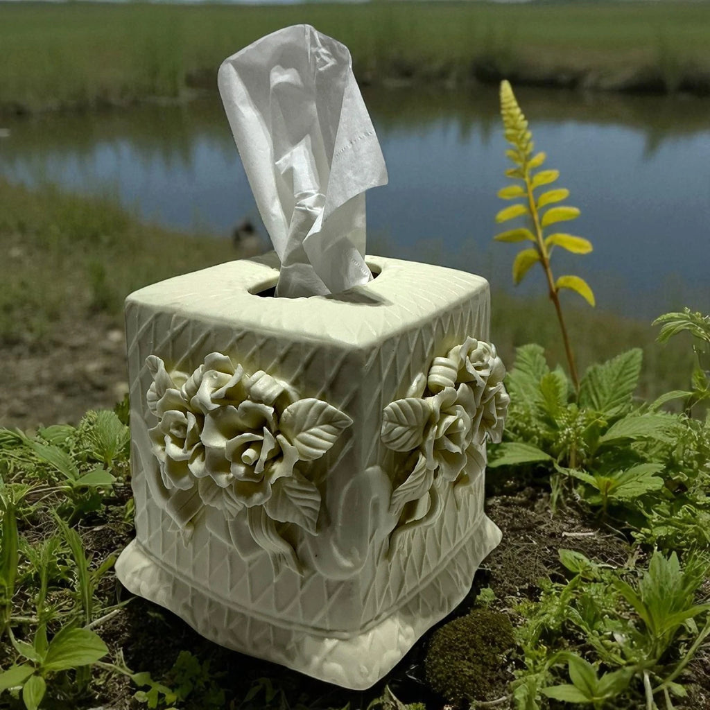 Tissue Box Ceramic Victorian Rose Cover Off-White Elegant 3-D in Ivory Flowers | eBay