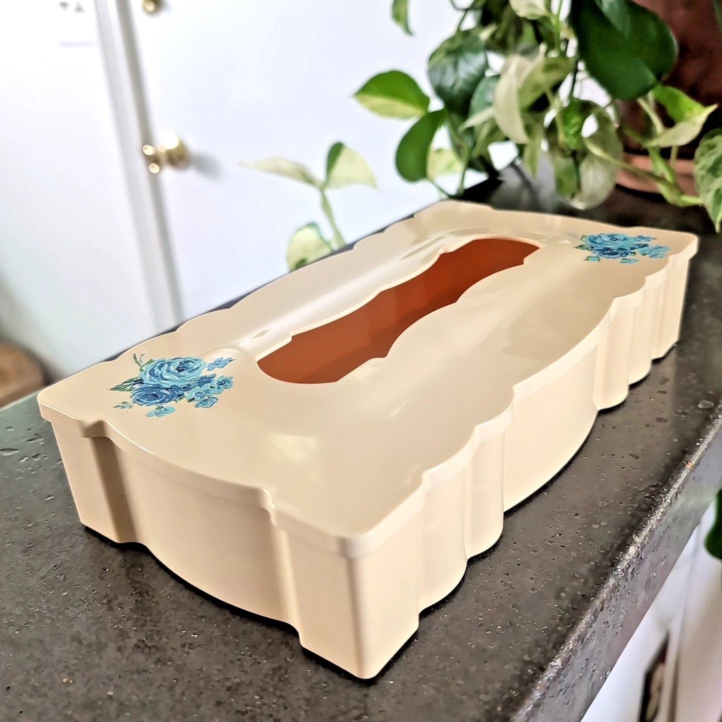 Vintage Cream Blue Roses Plastic Tissue Kleenex Box Holder Scallop MCM Cottage | eBay
