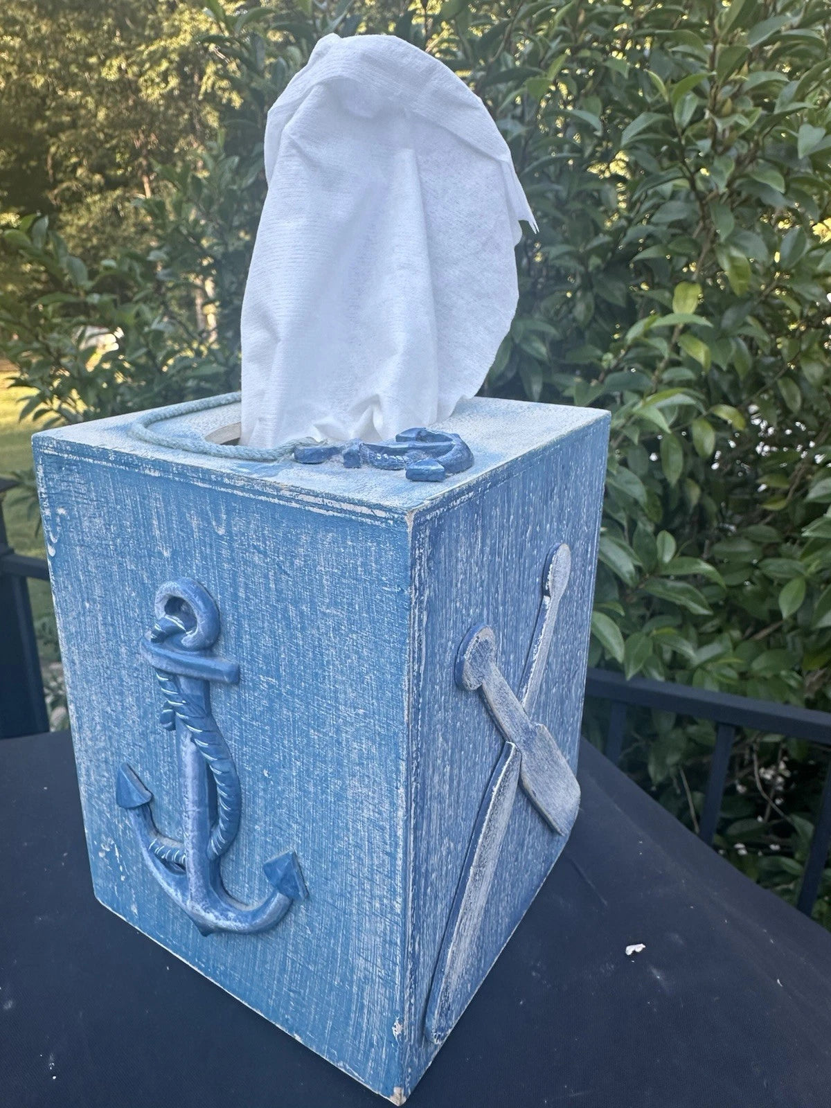 Vintage Blue Wooden Nautical Tissue Cover Box Holder Beach Anchor Oars | eBay