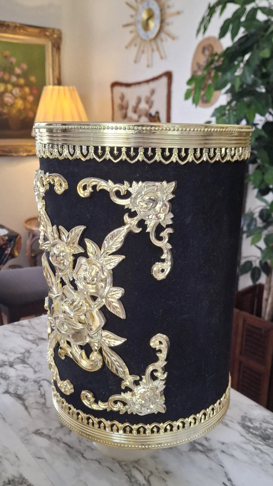 Hollywood Regency vtg plastic trashcan and tissue box set black and gold roses | eBay