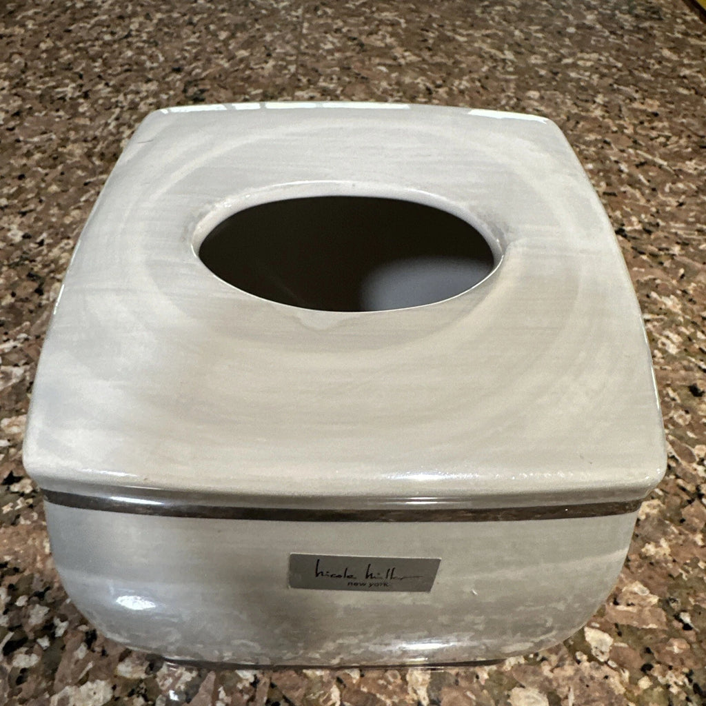 Nicole Miller Ceramic Tissue Box Cover Cream White Gray And Silver Trim EUC | eBay