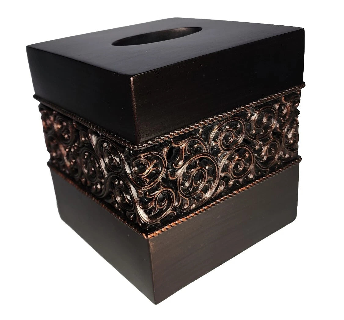 Brushed Bronze Brown Copper Tissue Box Cover Scrolled Design Heavy Resin Bath | eBay