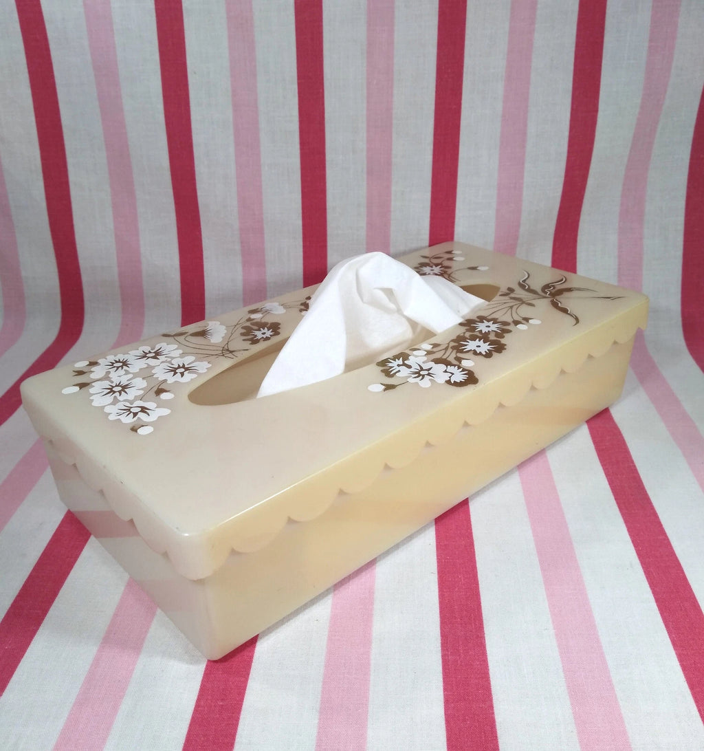 Stylish Mid Century Gold & White Florals Decorative Plastic Hinged Tissue Holder | eBay