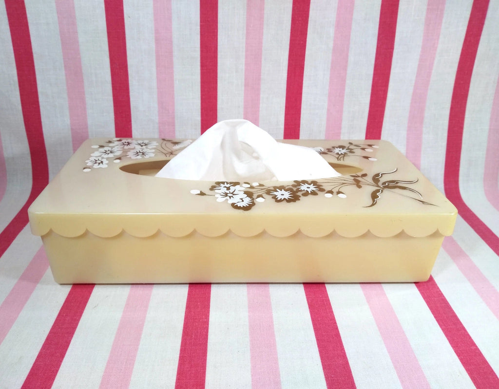 Stylish Mid Century Gold & White Florals Decorative Plastic Hinged Tissue Holder | eBay