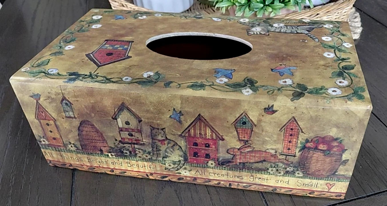 Primitive Tissue Box Bob’s Boxes All Creatures Cat Birdhouse Bunny Floral VTG | eBay