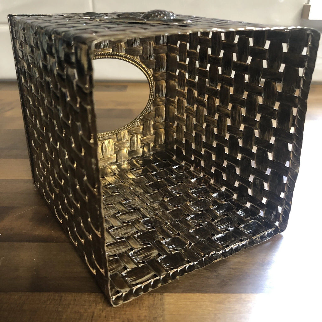 Vintage Gold Tone Square Tissue Box Cover Basket Weave Pattern Strawberry Design | eBay