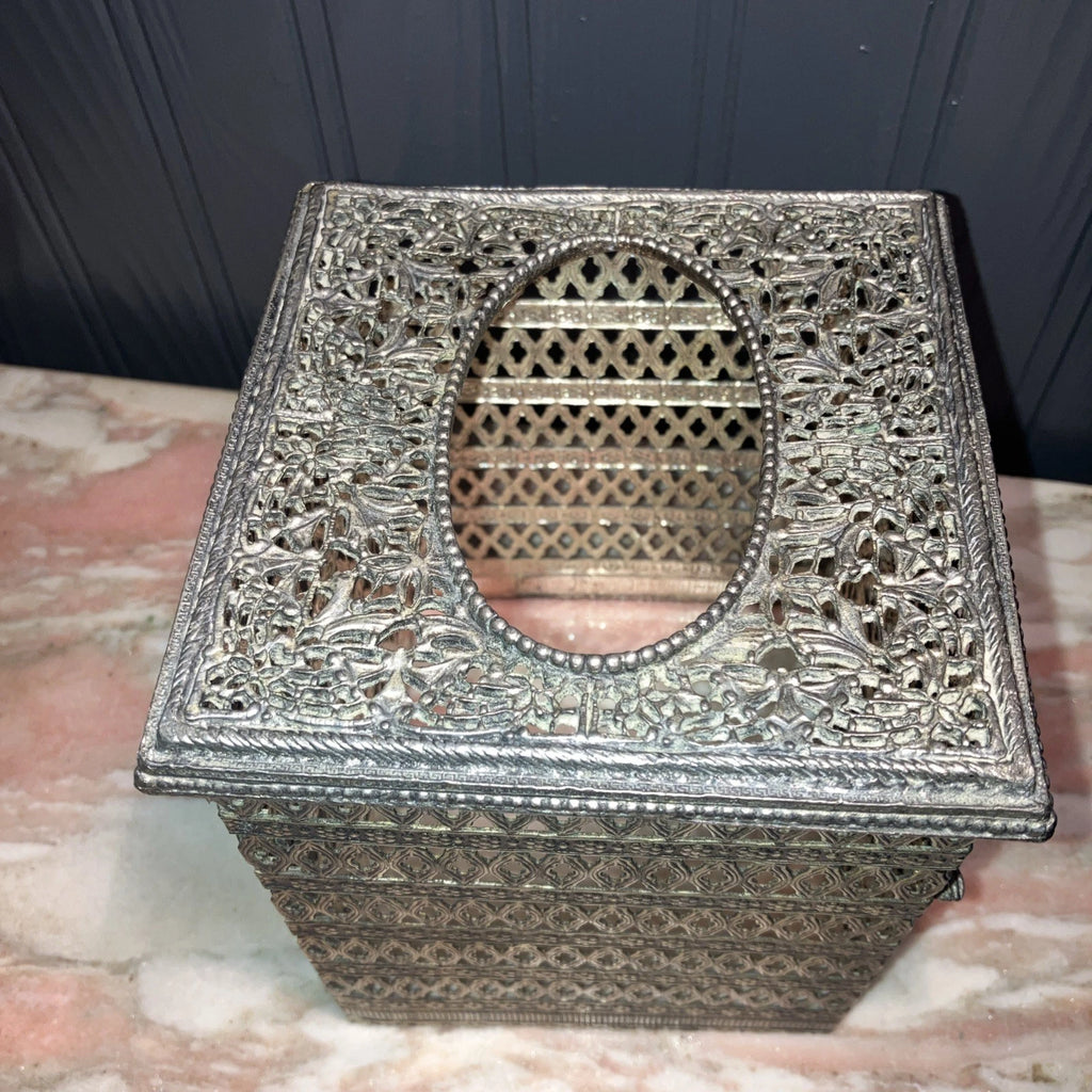 Metal Filigree Tissue Box Holder Hollywood Regency Bronze Silver Vintage | eBay