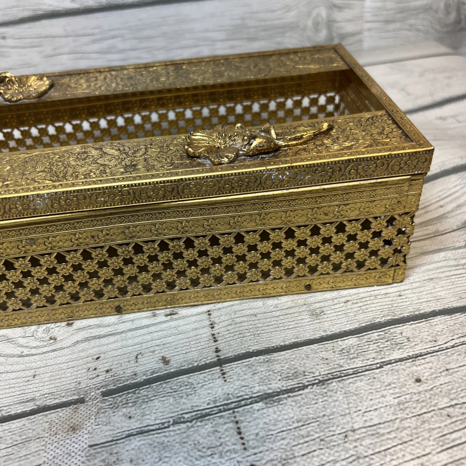 Vintage Gold Metal Filigree Flower Hollywood Regency Art Deco Tissue Box Holder | eBay